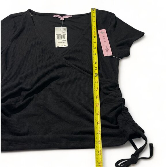 Crave Fame Ruched Knit V-Neck Wrap Top With Drawstrings In Black For Juniors' - Picture 3 of 9